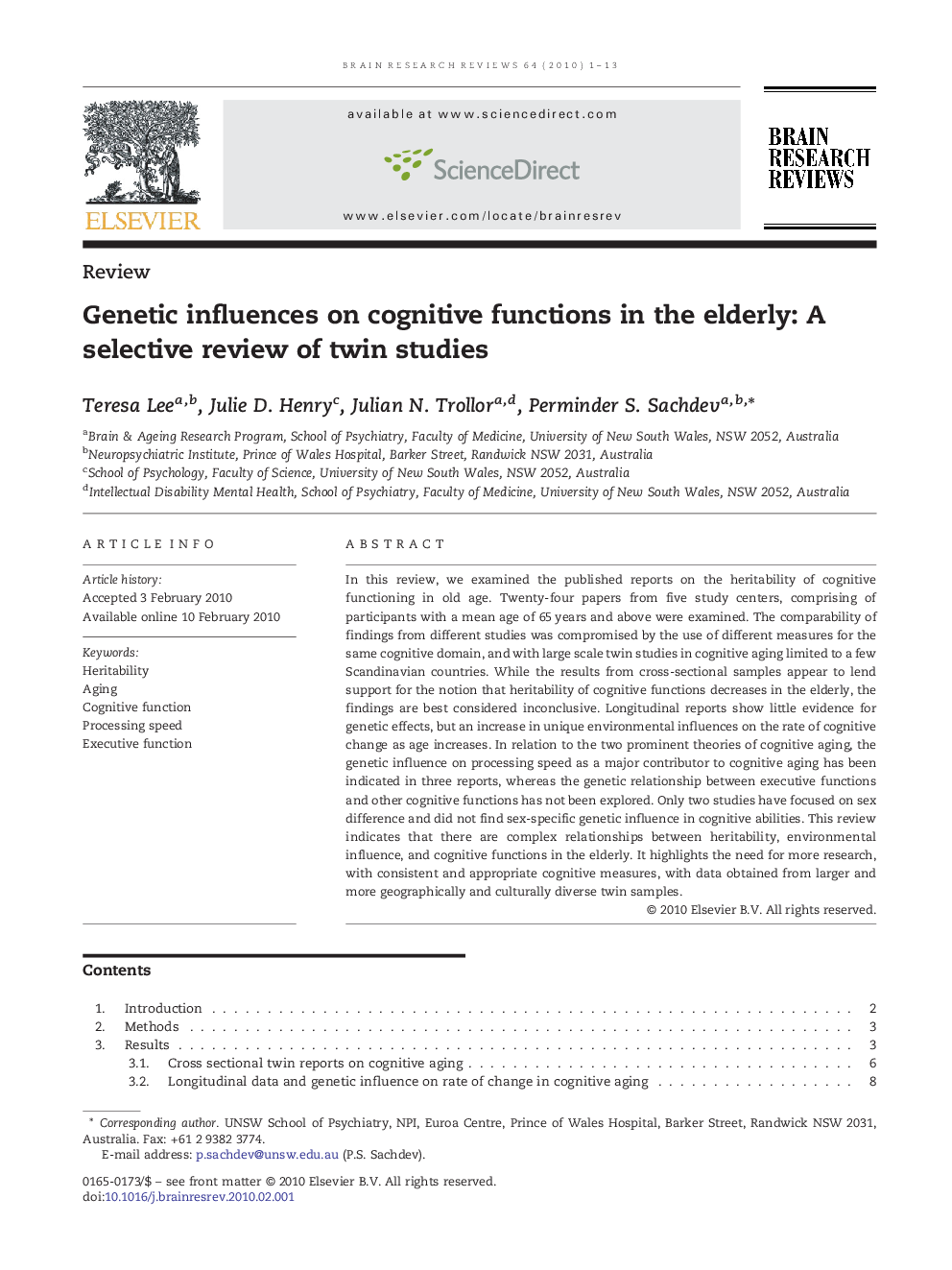 Genetic influences on cognitive functions in the elderly: A selective review of twin studies