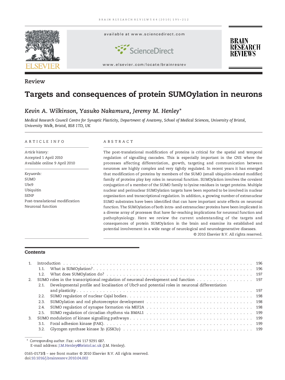 Targets and consequences of protein SUMOylation in neurons