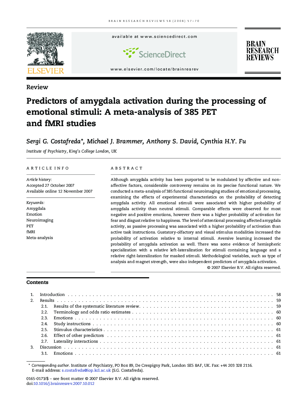 Predictors of amygdala activation during the processing of emotional stimuli: A meta-analysis of 385 PET and fMRI studies