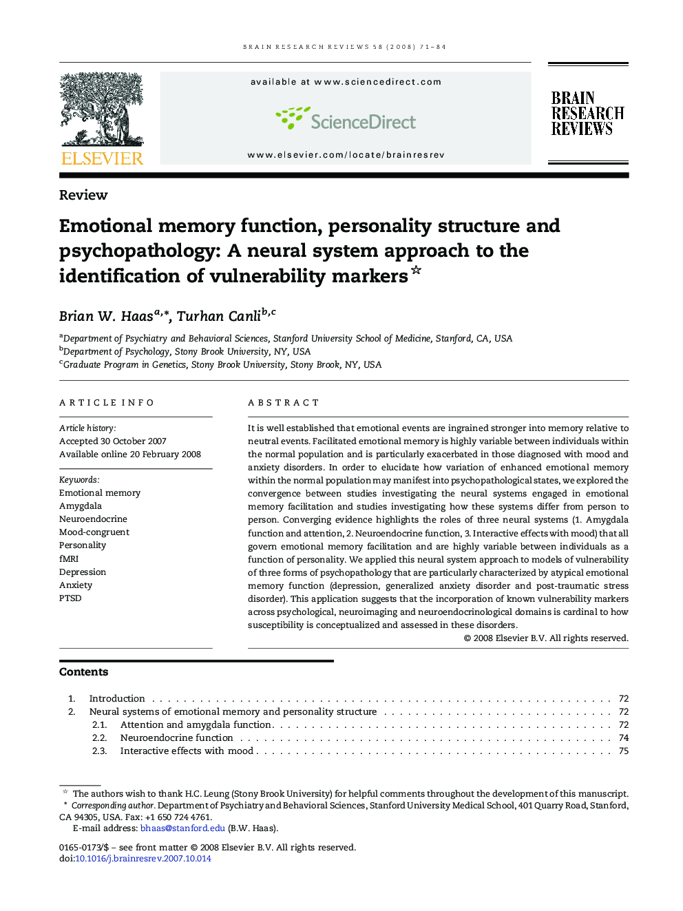 Emotional memory function, personality structure and psychopathology: A neural system approach to the identification of vulnerability markers 
