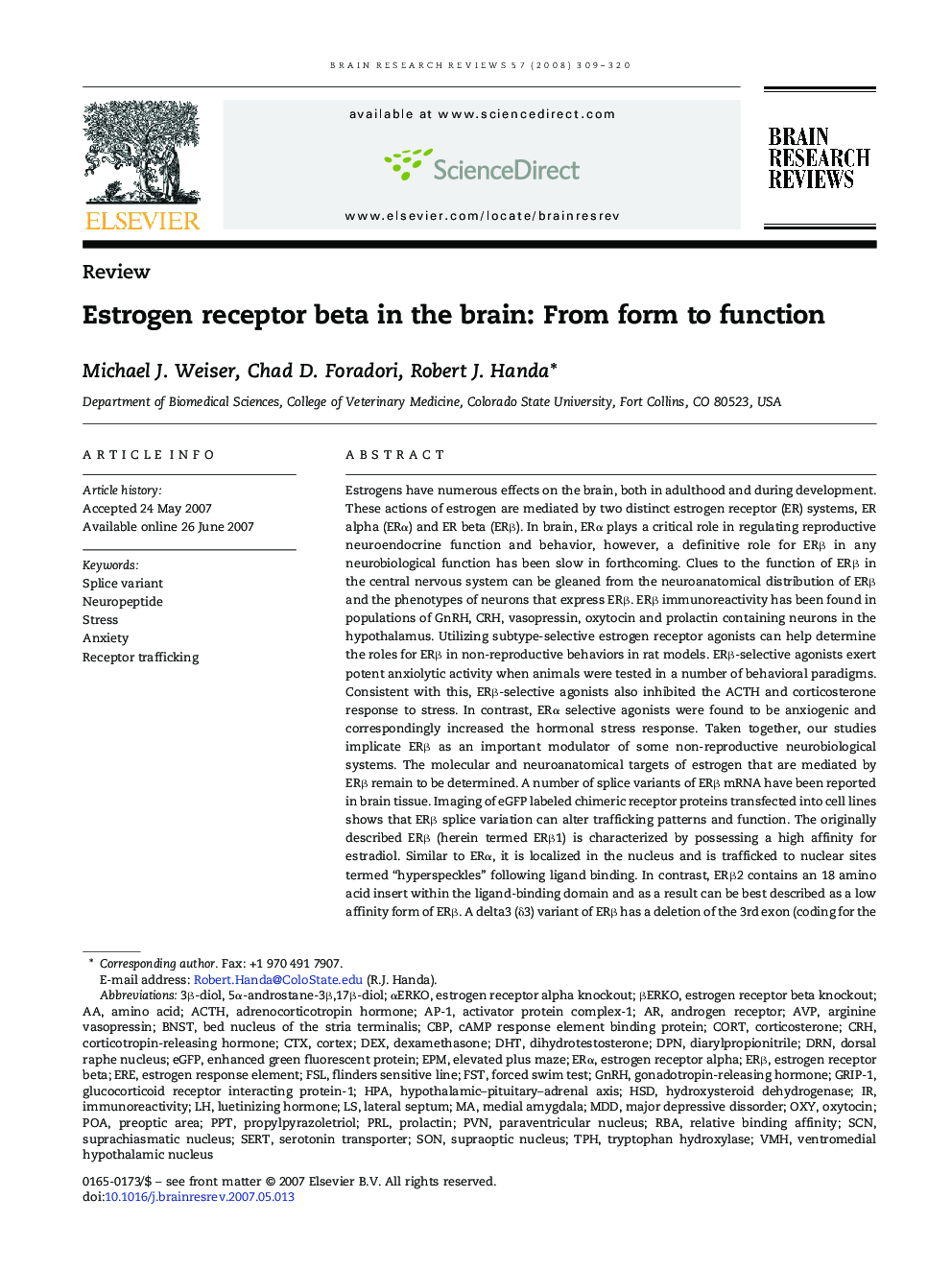 Estrogen receptor beta in the brain: From form to function