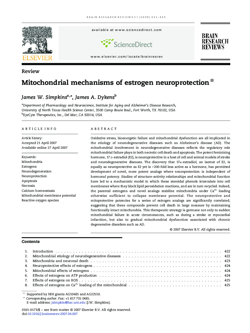 Mitochondrial mechanisms of estrogen neuroprotection 