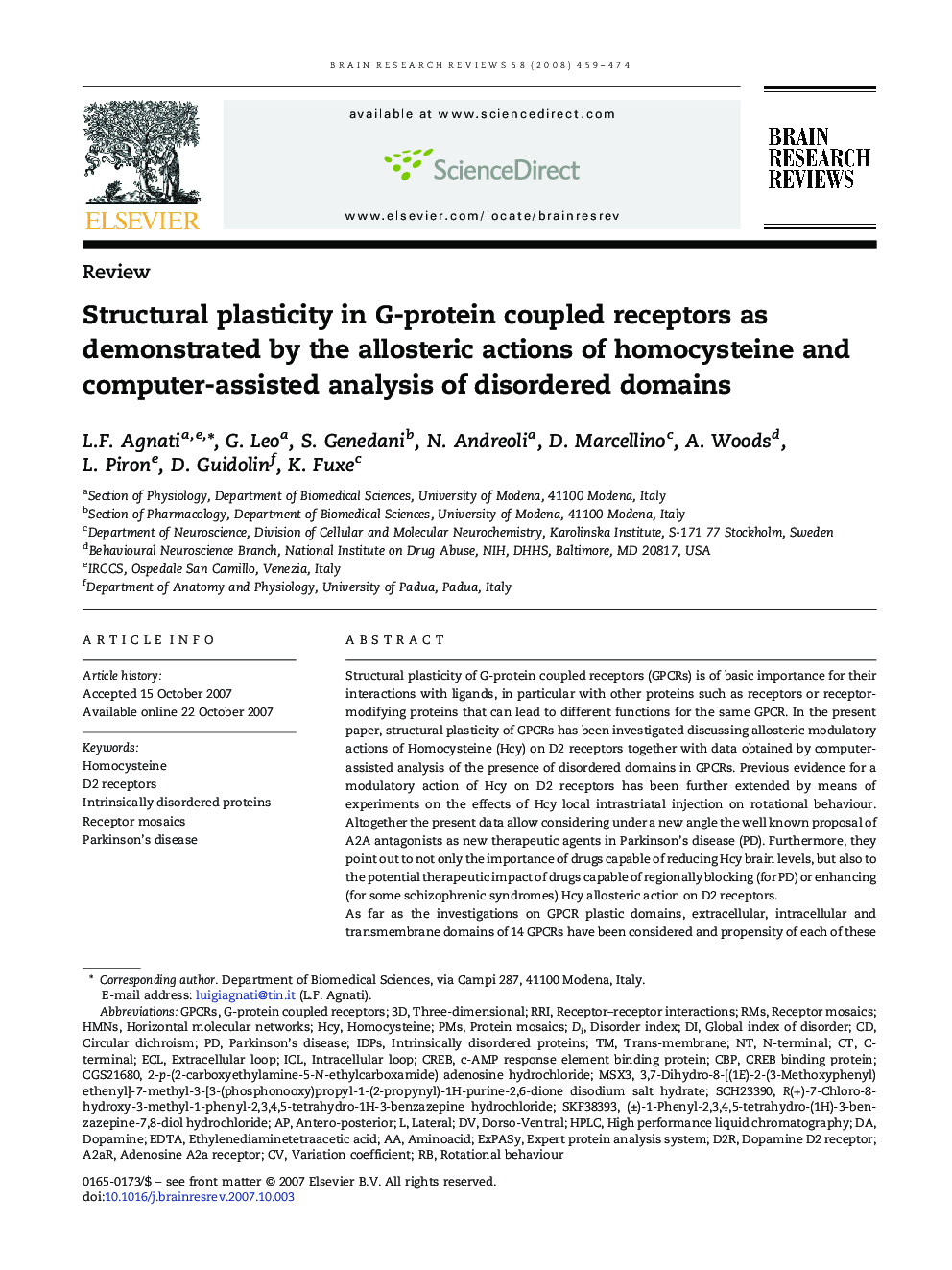 Structural plasticity in G-protein coupled receptors as demonstrated by the allosteric actions of homocysteine and computer-assisted analysis of disordered domains