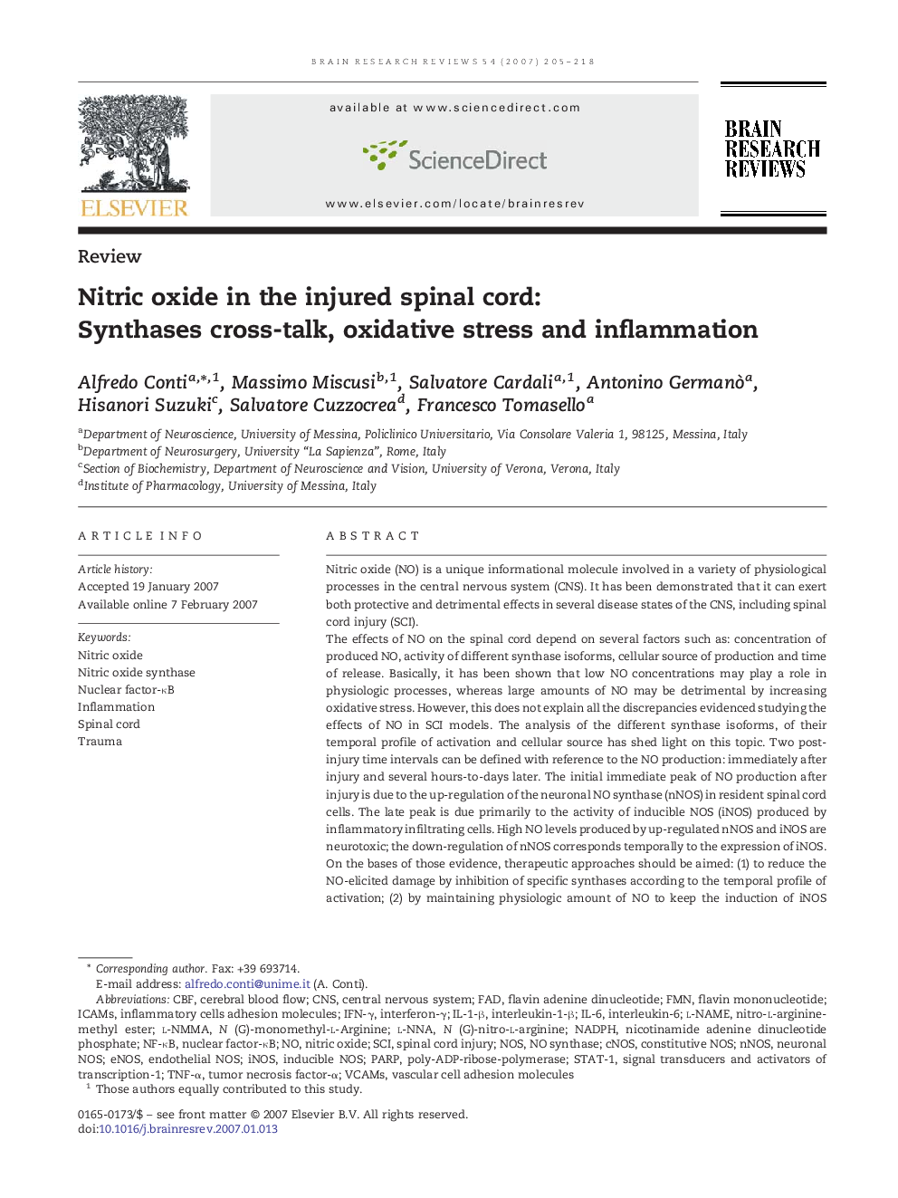 Nitric oxide in the injured spinal cord: Synthases cross-talk, oxidative stress and inflammation