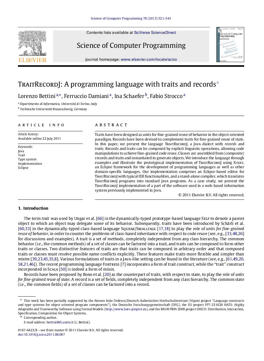 TraitRecordJ: A programming language with traits and records 