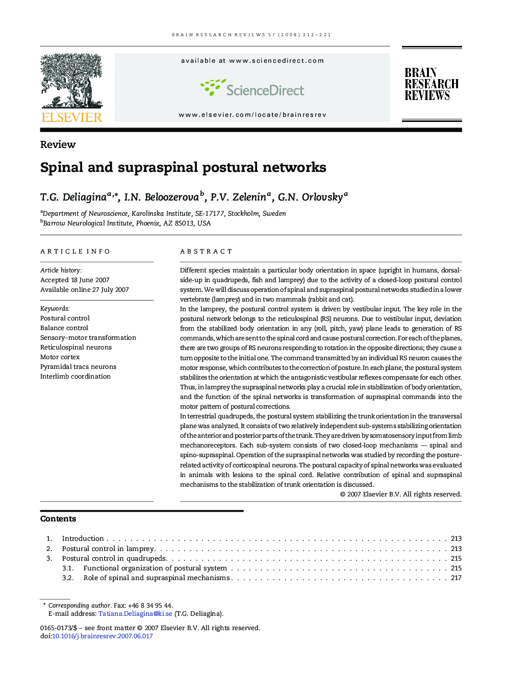 Spinal and supraspinal postural networks