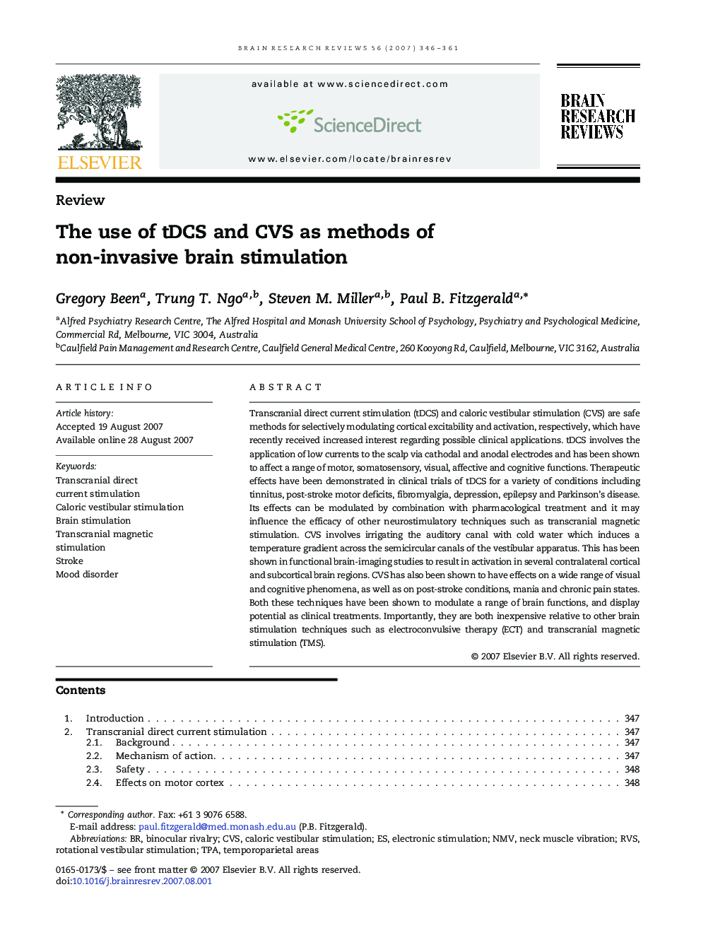 The use of tDCS and CVS as methods of non-invasive brain stimulation