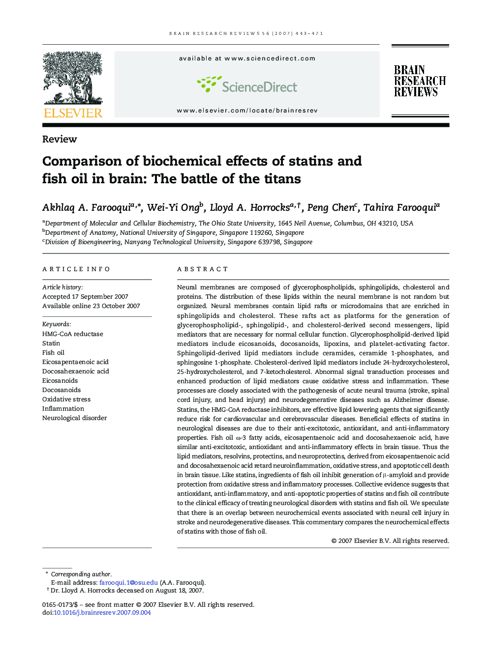 Comparison of biochemical effects of statins and fish oil in brain: The battle of the titans