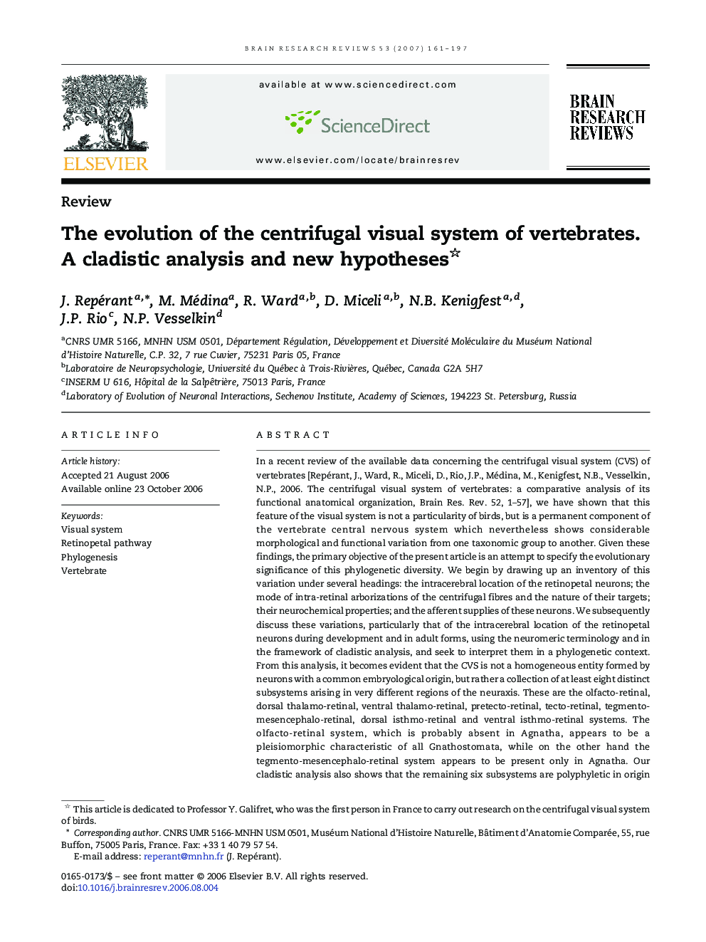 The evolution of the centrifugal visual system of vertebrates. A cladistic analysis and new hypotheses 