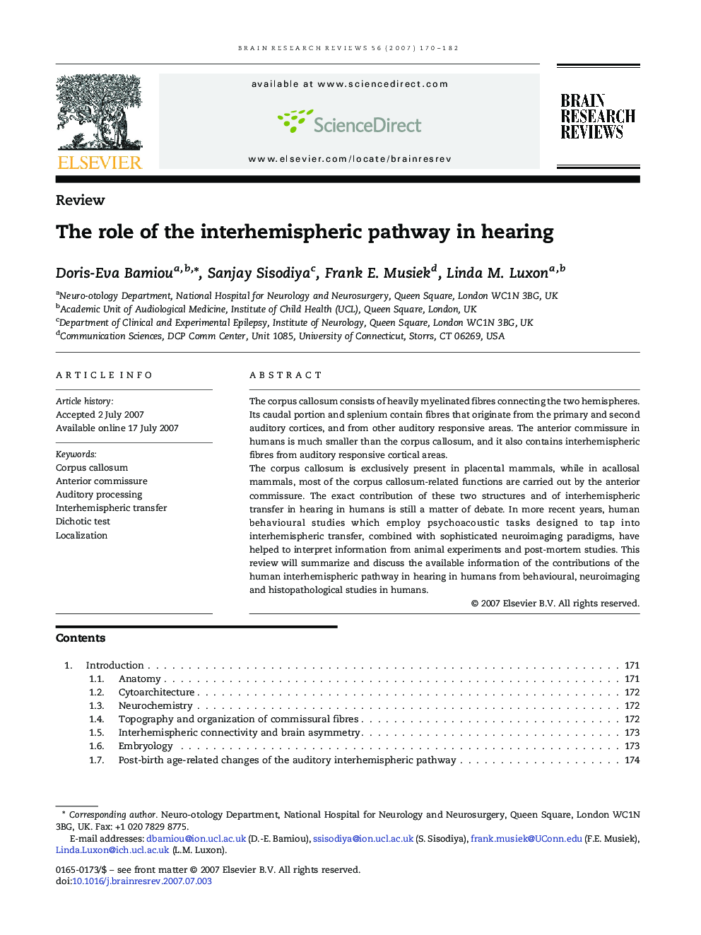 The role of the interhemispheric pathway in hearing
