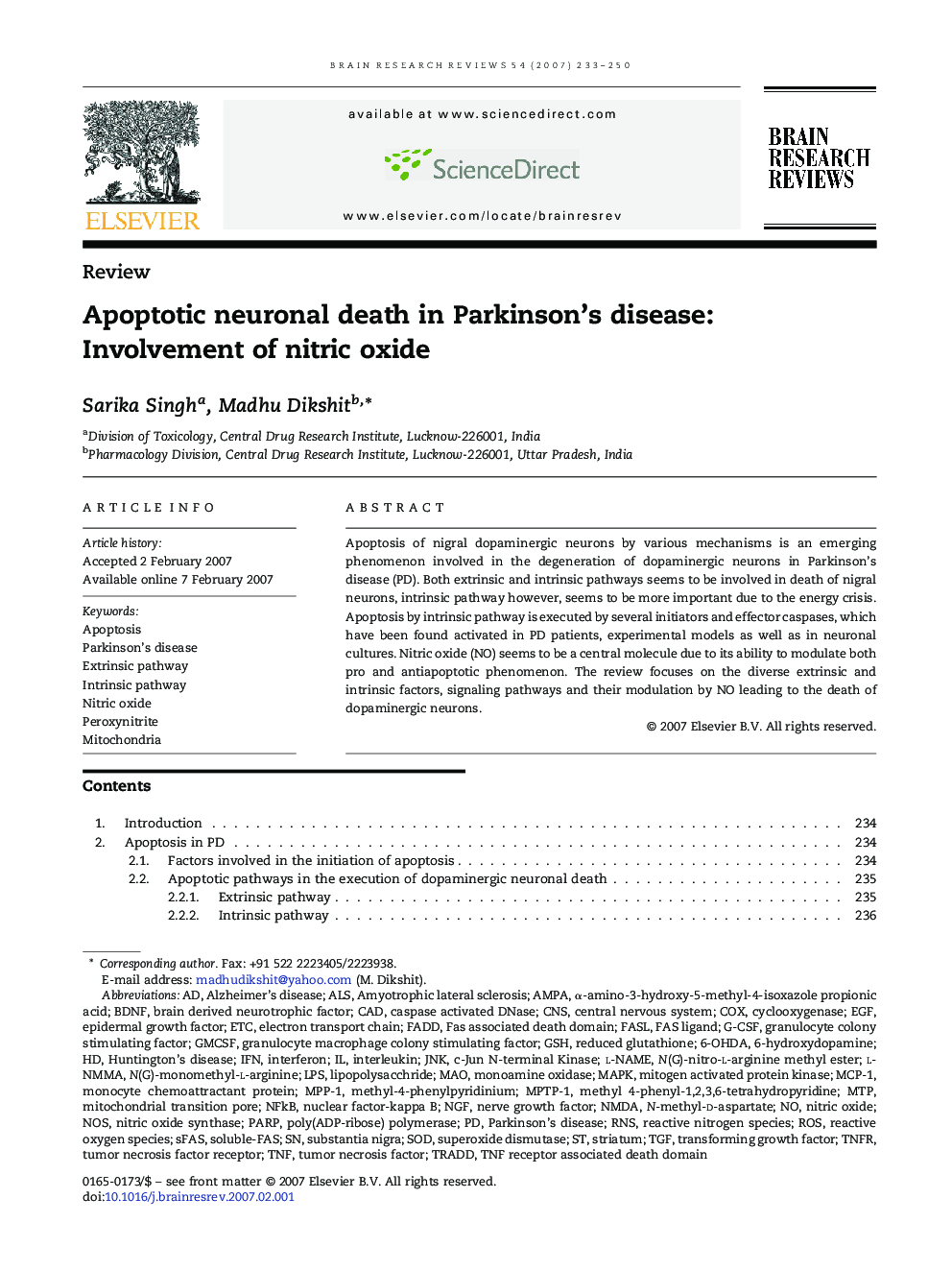 Apoptotic neuronal death in Parkinson's disease: Involvement of nitric oxide