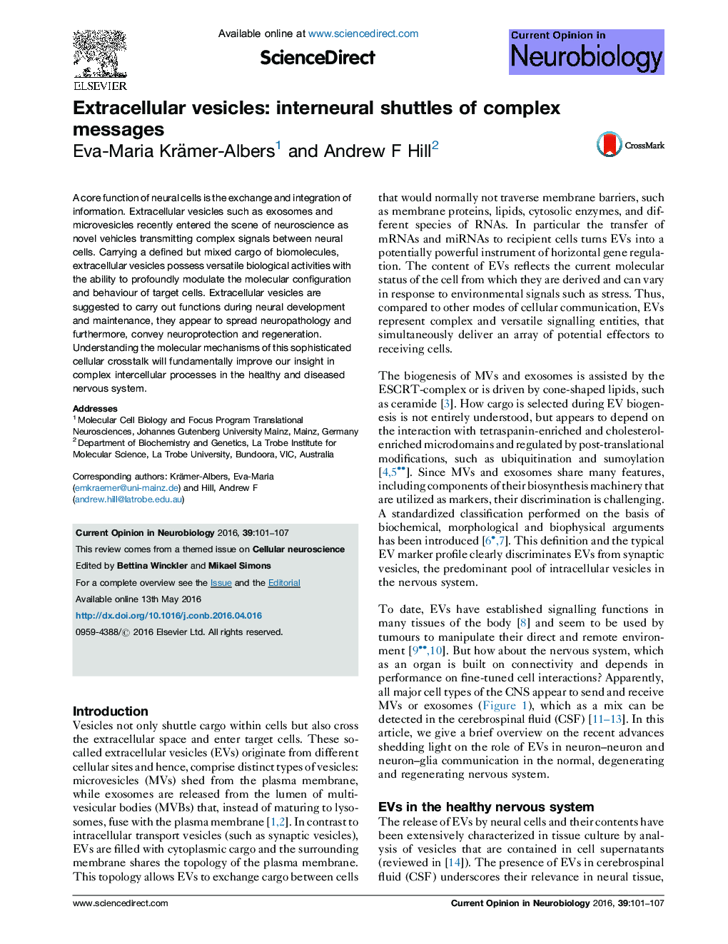 Extracellular vesicles: interneural shuttles of complex messages