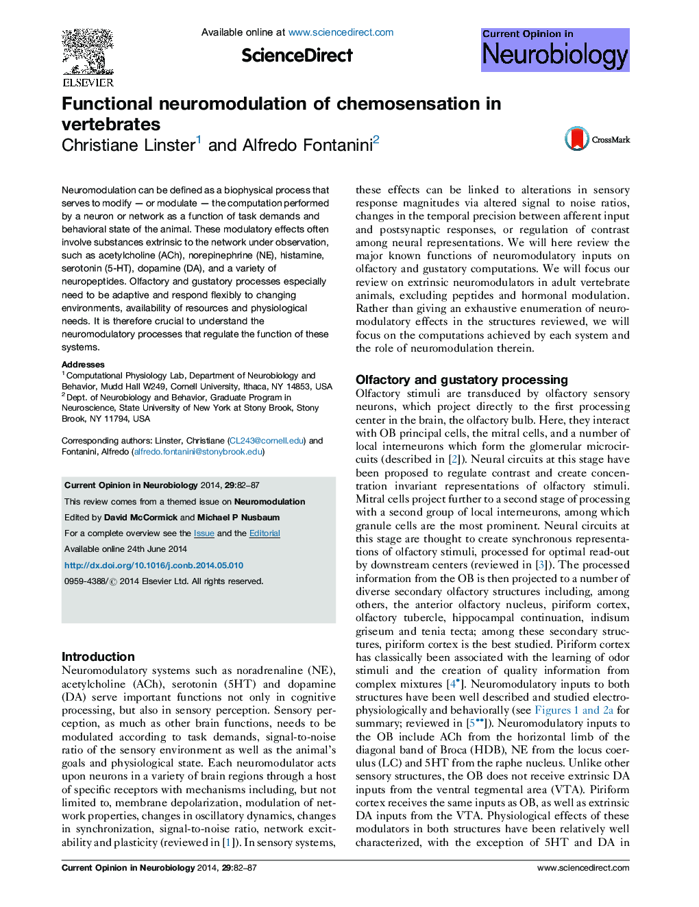 Functional neuromodulation of chemosensation in vertebrates