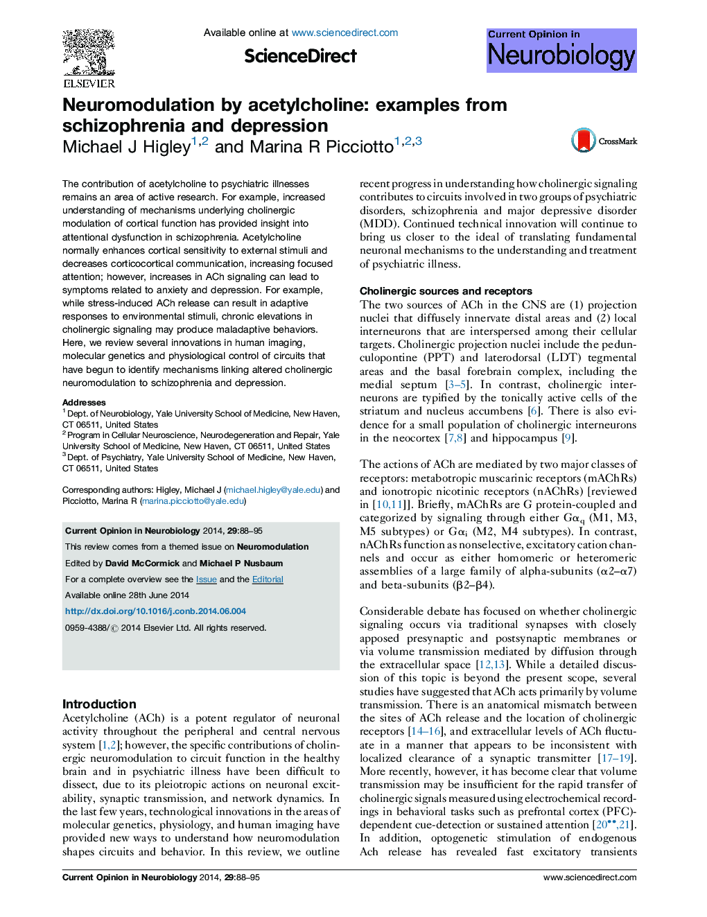 Neuromodulation by acetylcholine: examples from schizophrenia and depression