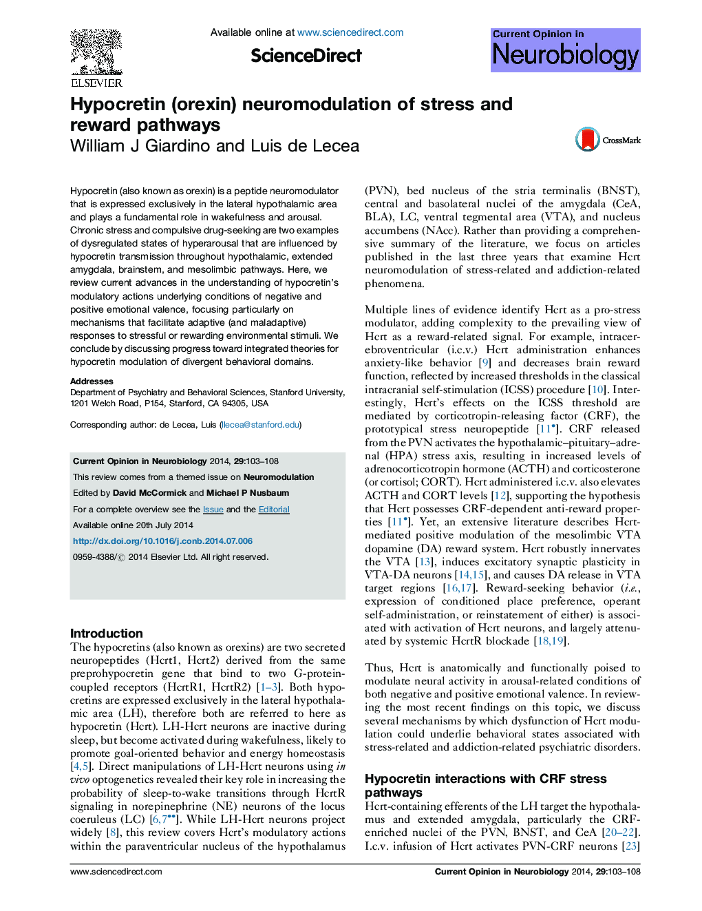 Hypocretin (orexin) neuromodulation of stress and reward pathways