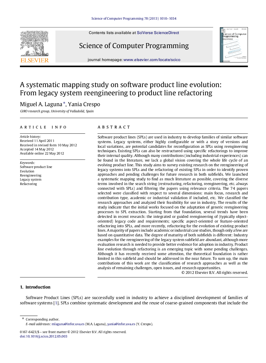 A systematic mapping study on software product line evolution: From legacy system reengineering to product line refactoring