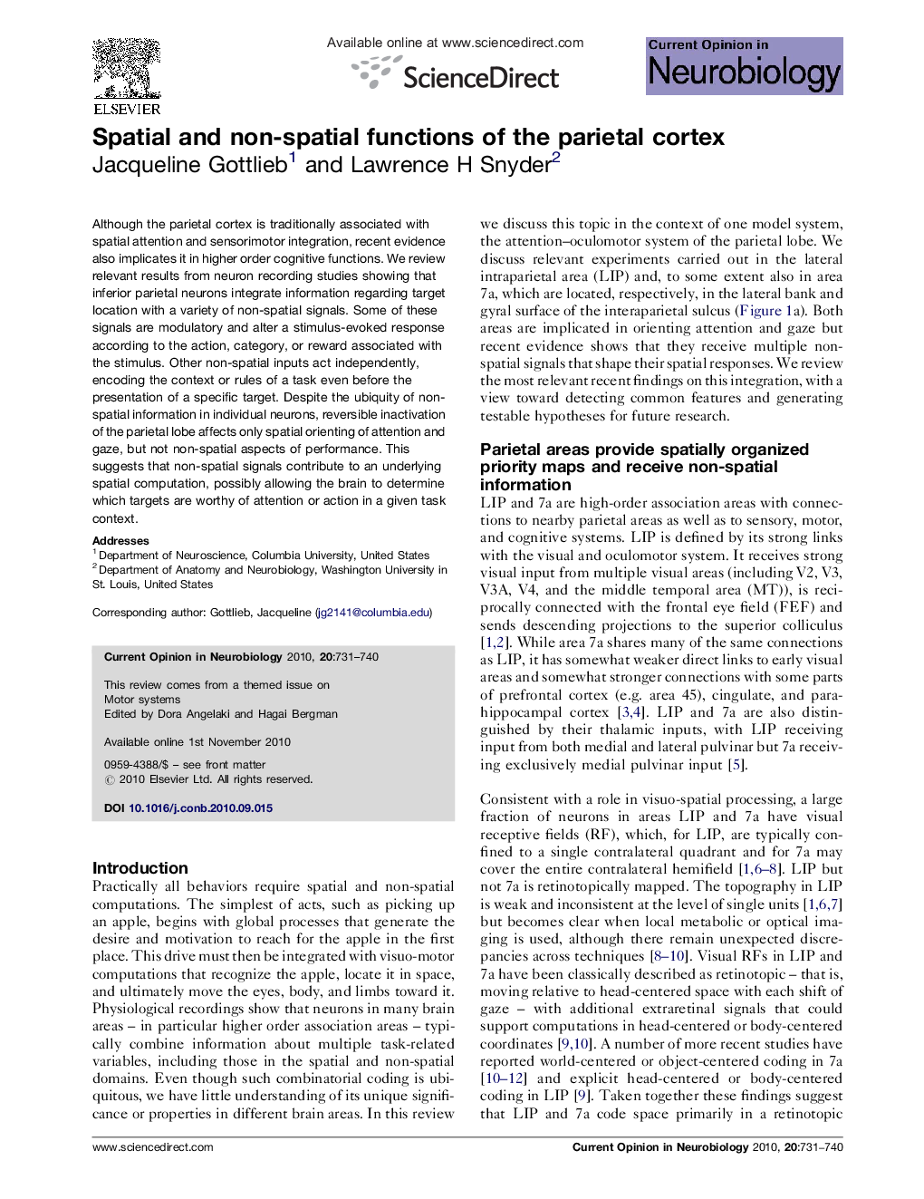 Spatial and non-spatial functions of the parietal cortex