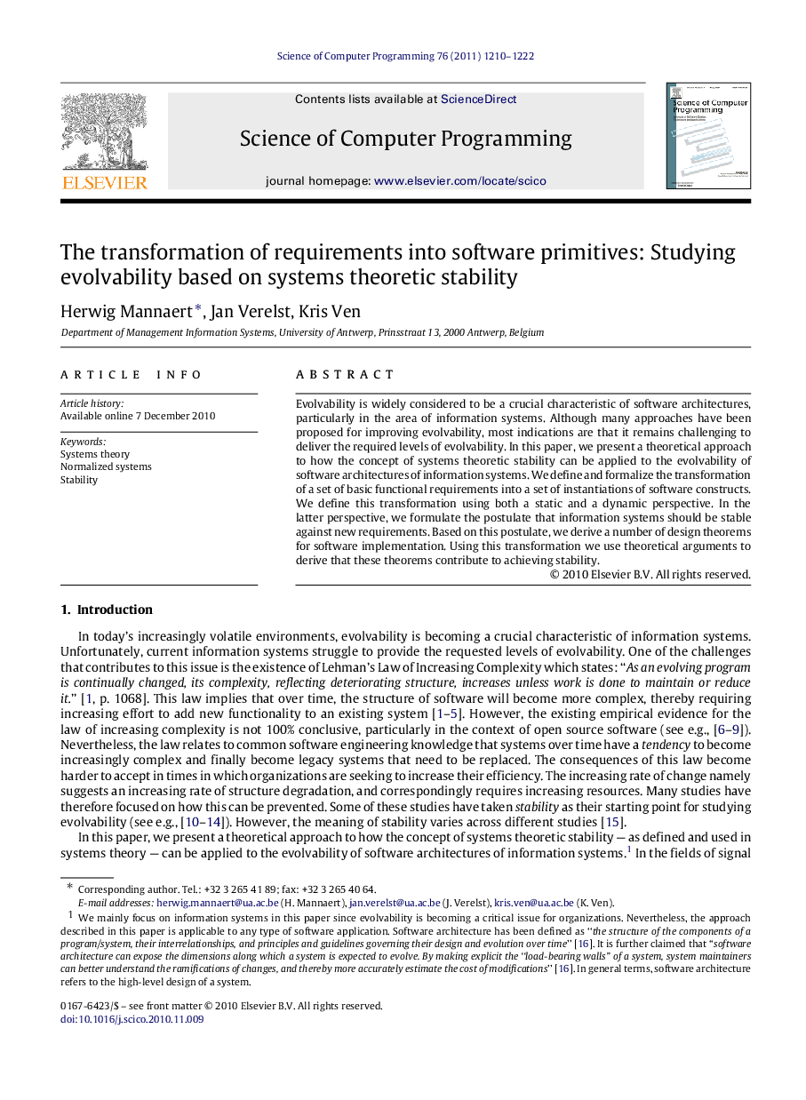 The transformation of requirements into software primitives: Studying evolvability based on systems theoretic stability