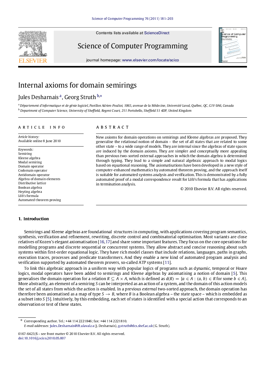 عکس صفحه اول مقاله: Internal axioms for domain semirings Internal axioms for domain semirings