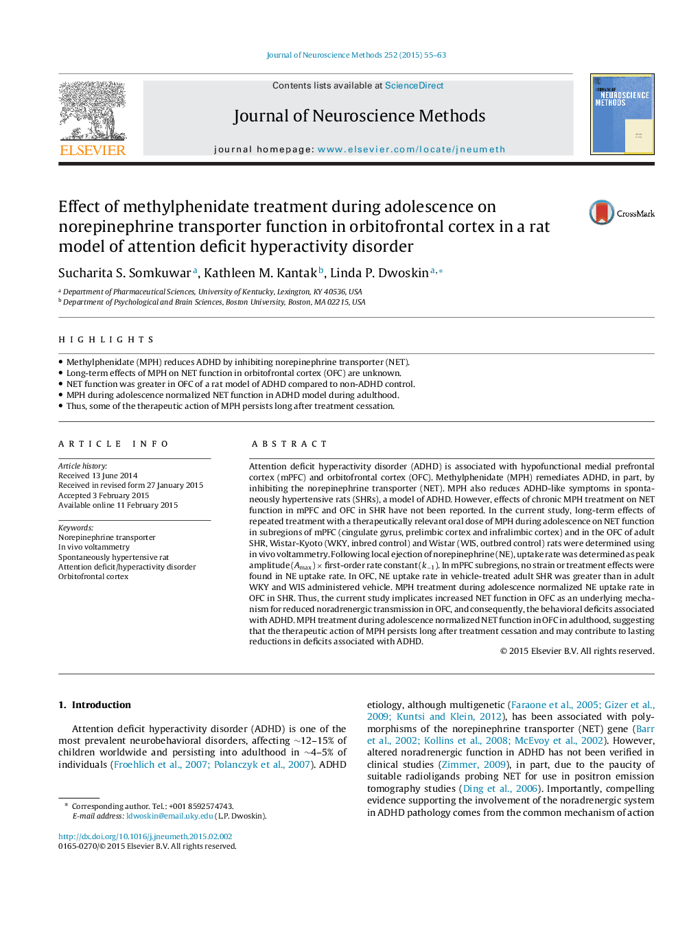 Effect of methylphenidate treatment during adolescence on norepinephrine transporter function in orbitofrontal cortex in a rat model of attention deficit hyperactivity disorder