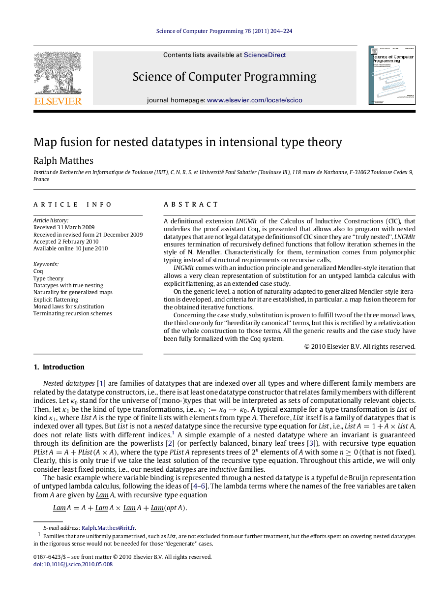عکس صفحه اول مقاله: Map fusion for nested datatypes in intensional type theory Map fusion for nested datatypes in intensional type theory