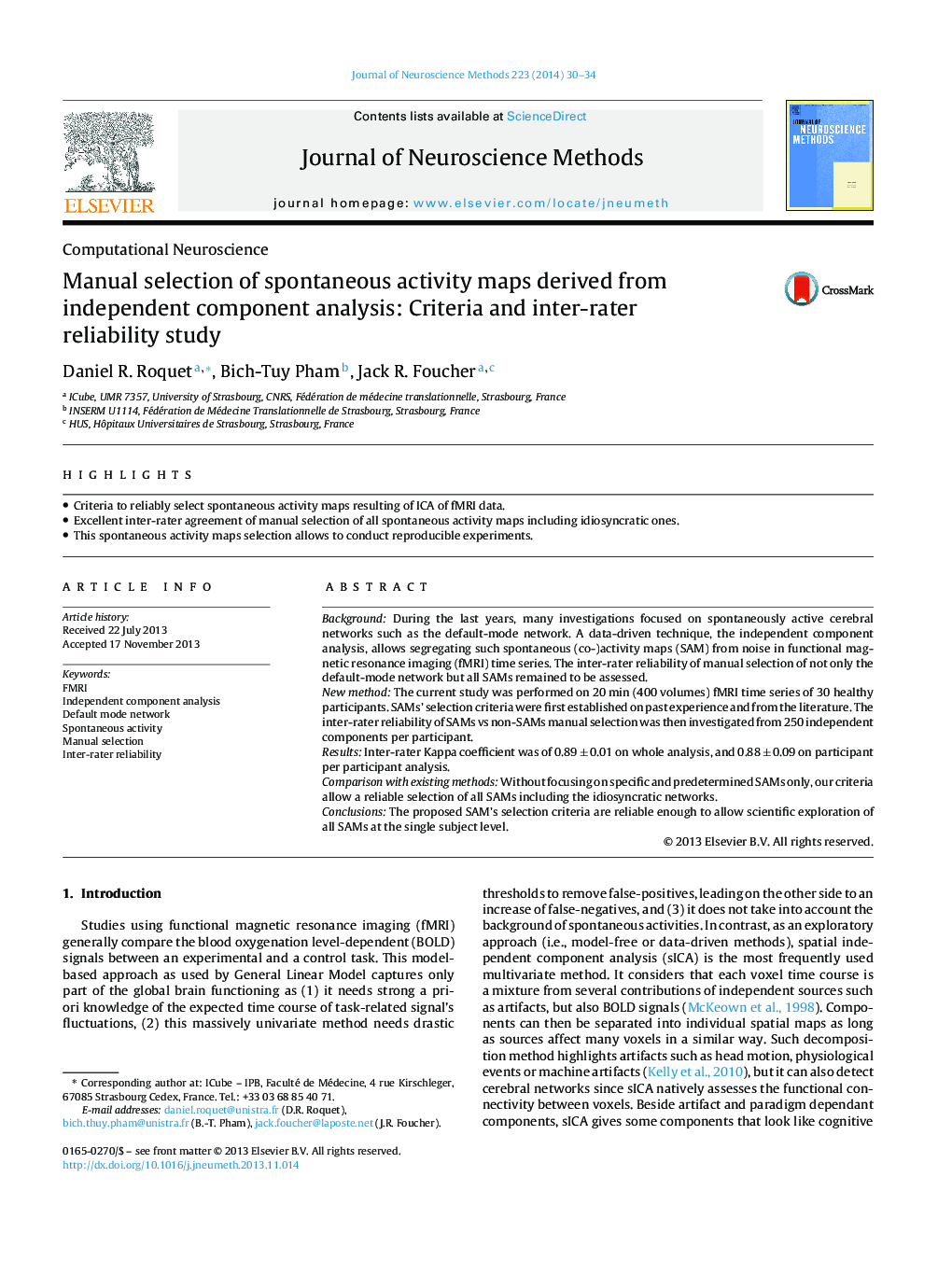 Manual selection of spontaneous activity maps derived from independent component analysis: Criteria and inter-rater reliability study