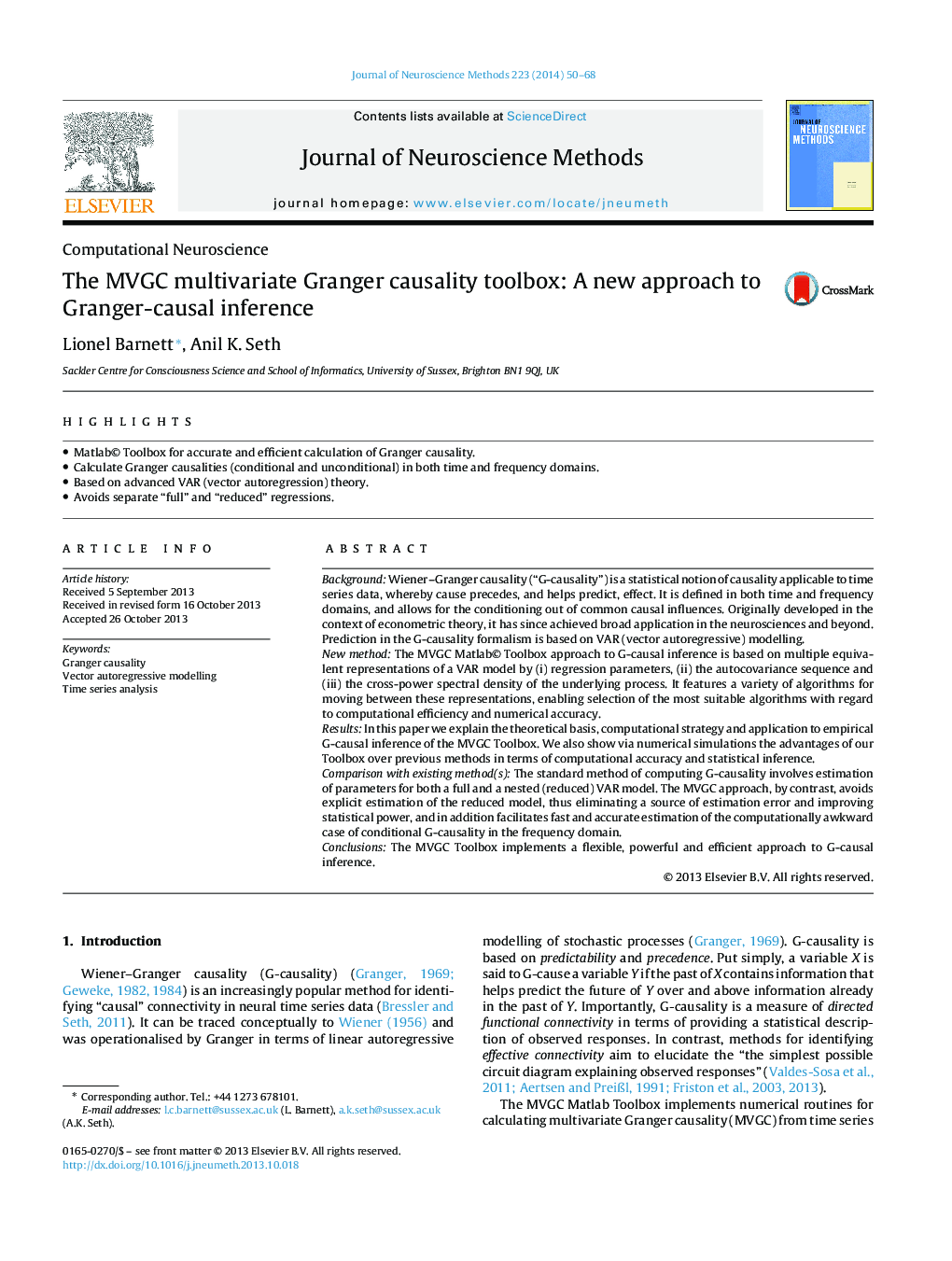 عکس صفحه اول مقاله: The MVGC multivariate Granger causality toolbox: A new approach to Granger-causal inference The MVGC multivariate Granger causality toolbox: A new approach to Granger-causal inference