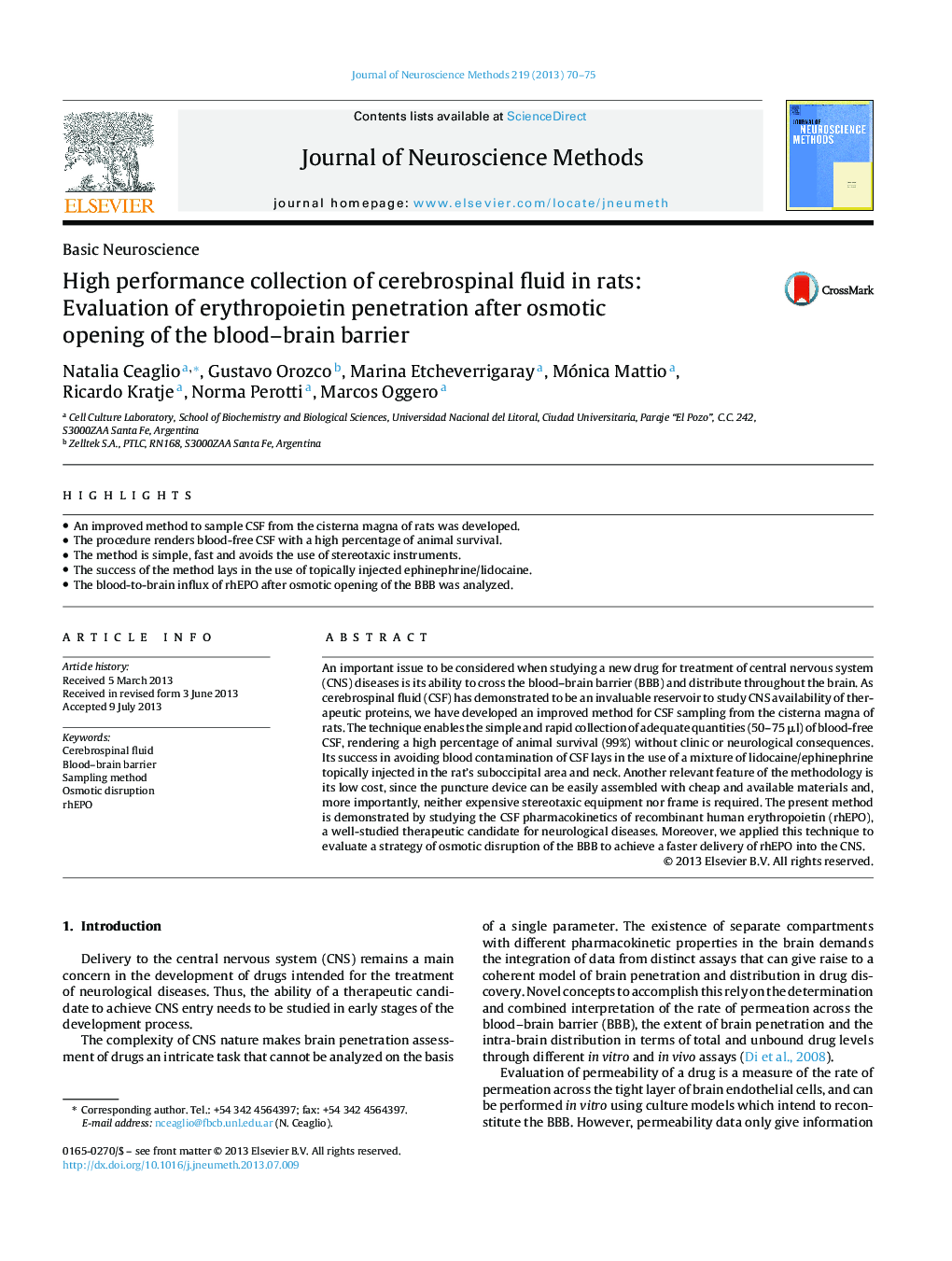 High performance collection of cerebrospinal fluid in rats: Evaluation of erythropoietin penetration after osmotic opening of the blood–brain barrier