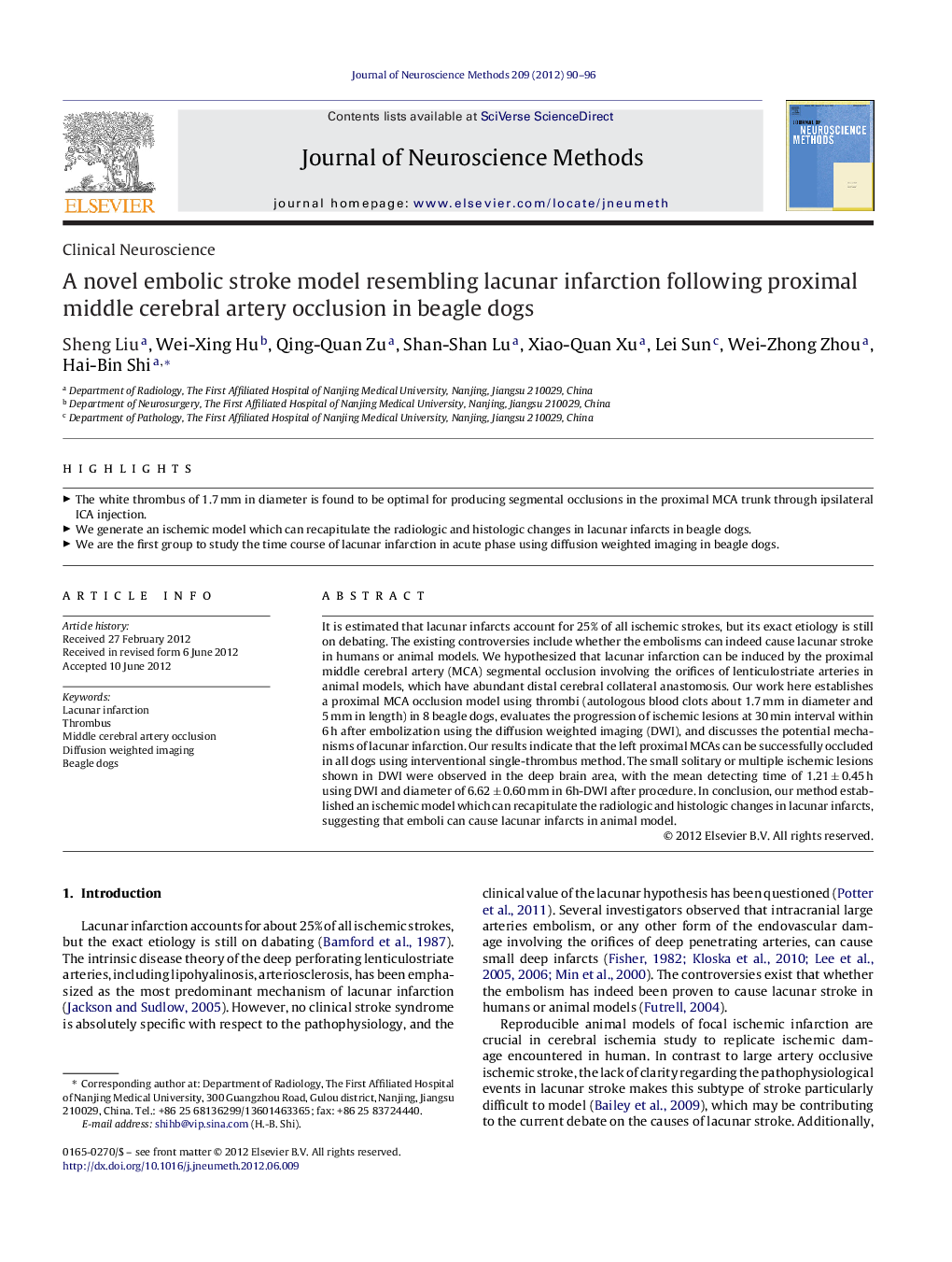 A novel embolic stroke model resembling lacunar infarction following proximal middle cerebral artery occlusion in beagle dogs