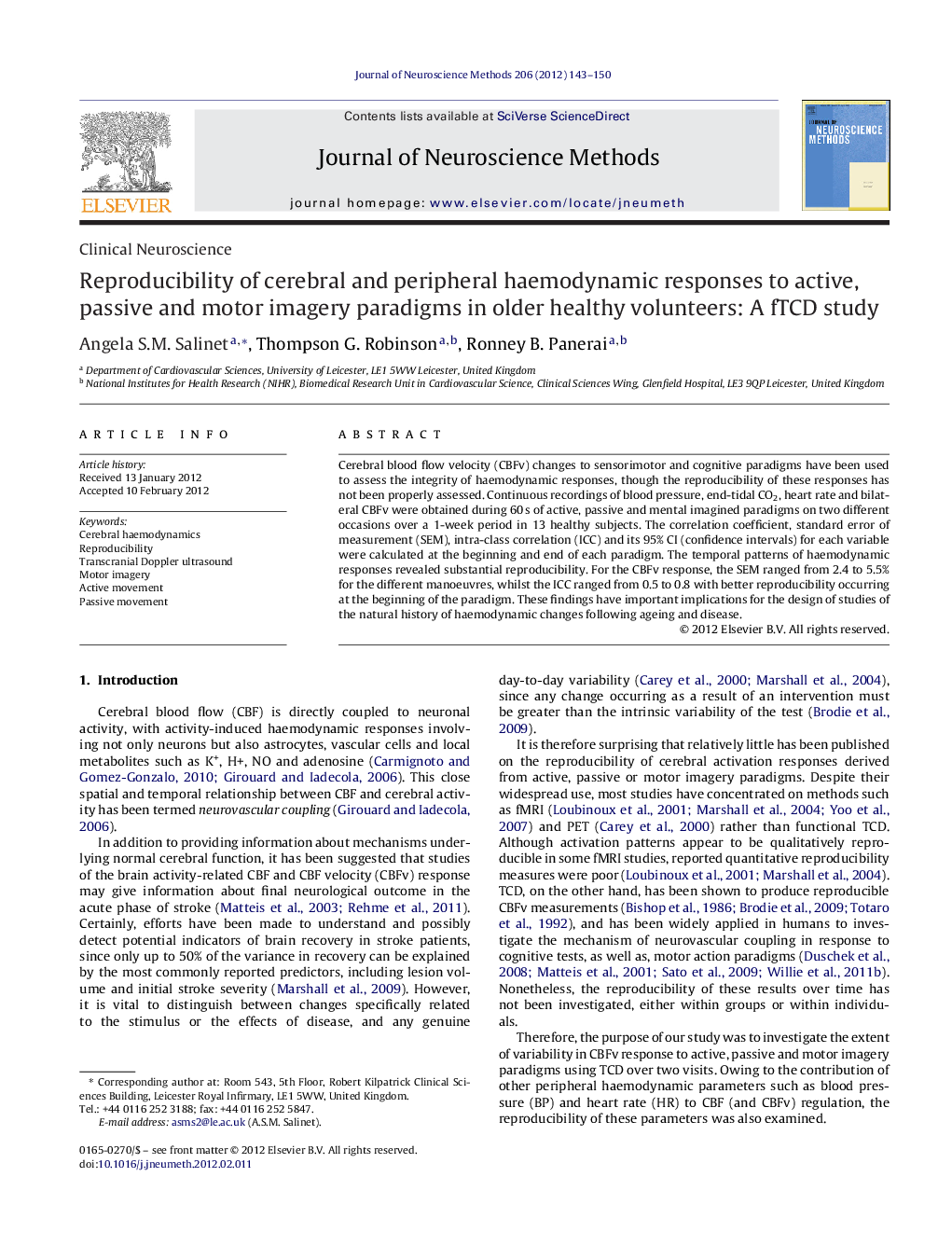 Reproducibility of cerebral and peripheral haemodynamic responses to active, passive and motor imagery paradigms in older healthy volunteers: A fTCD study