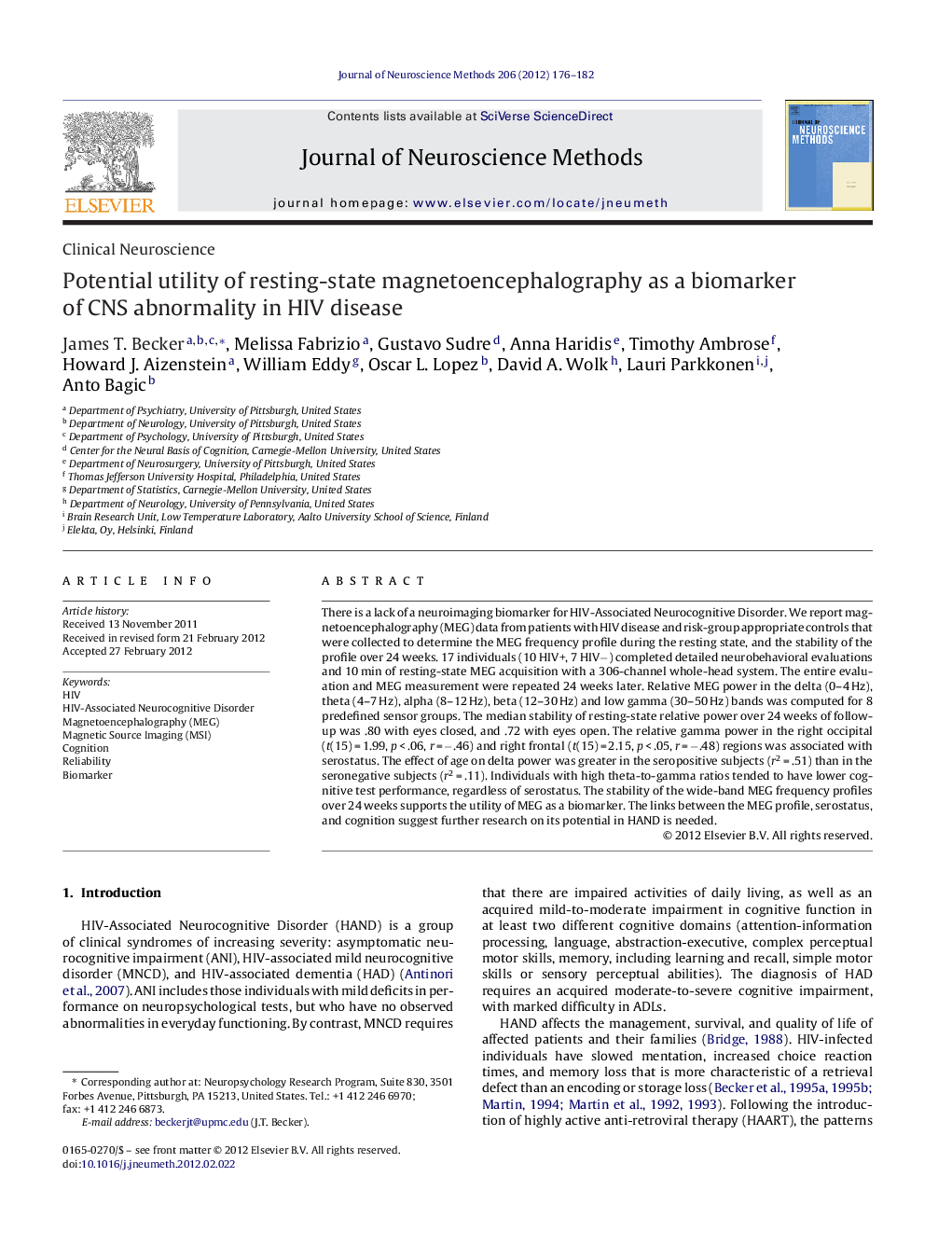 Potential utility of resting-state magnetoencephalography as a biomarker of CNS abnormality in HIV disease