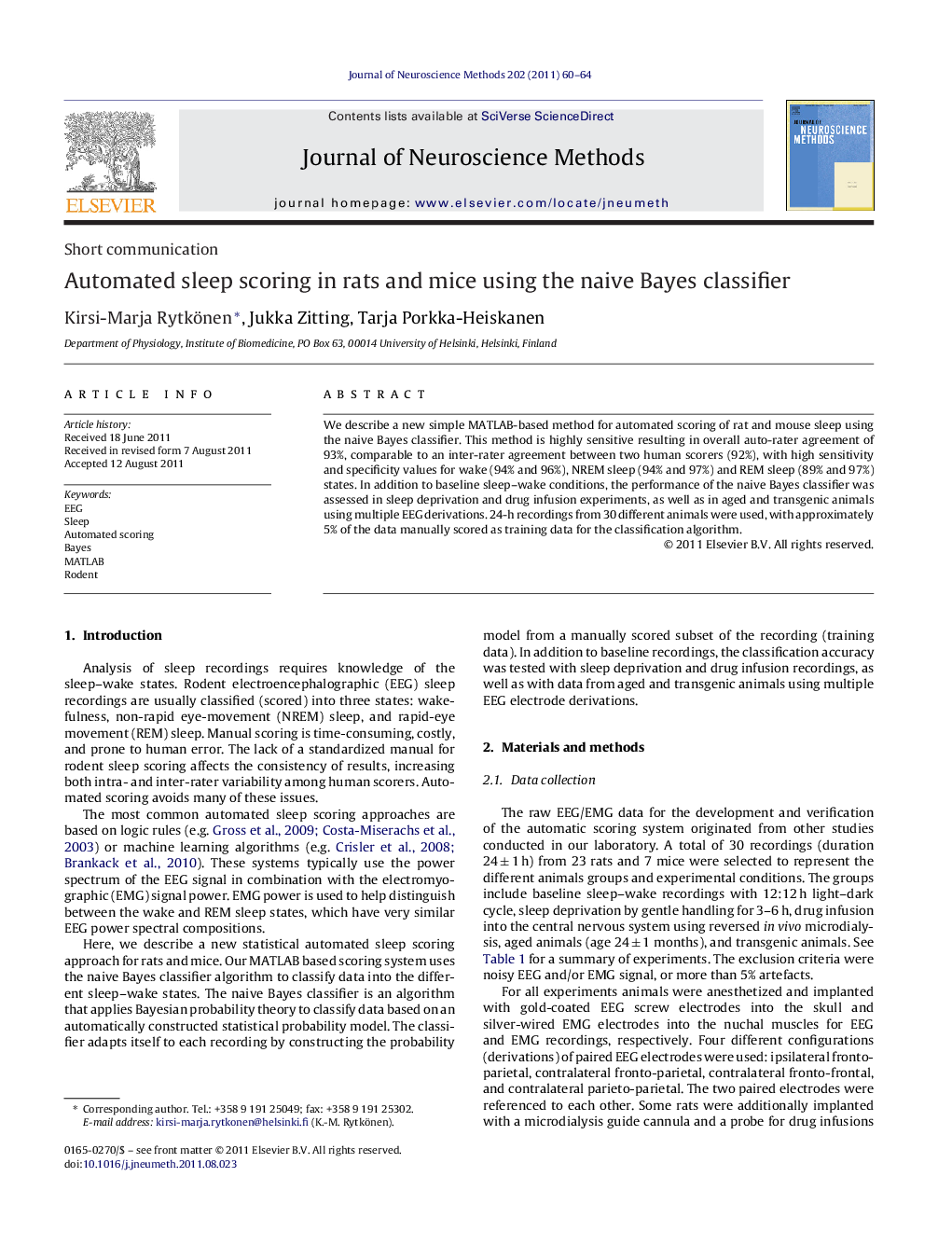 Automated sleep scoring in rats and mice using the naive Bayes classifier