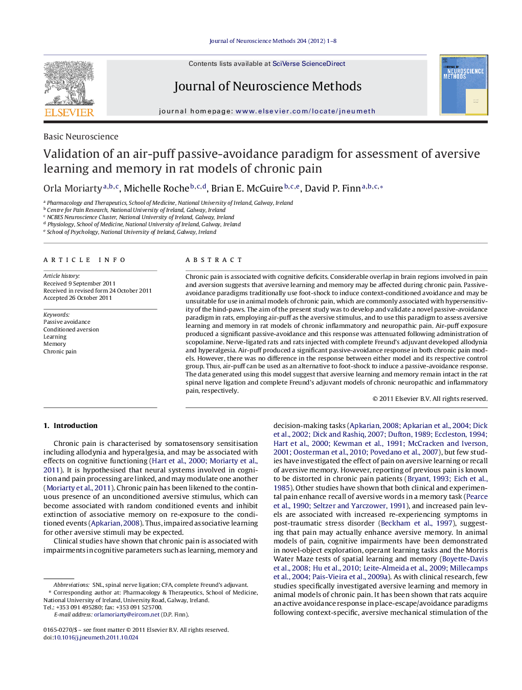 Validation of an air-puff passive-avoidance paradigm for assessment of aversive learning and memory in rat models of chronic pain