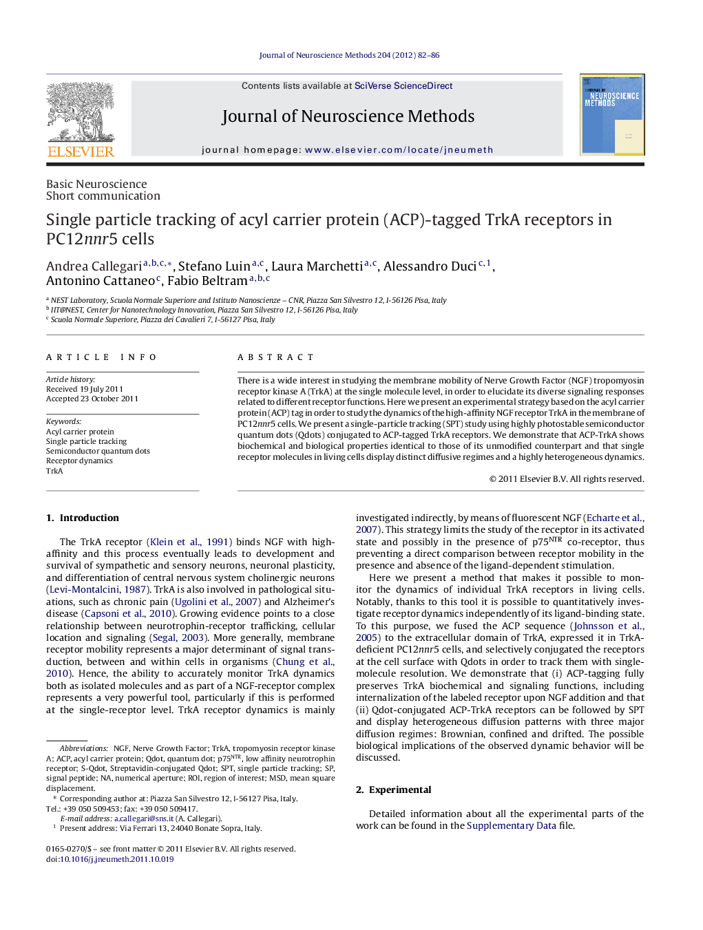 Single particle tracking of acyl carrier protein (ACP)-tagged TrkA receptors in PC12nnr5 cells