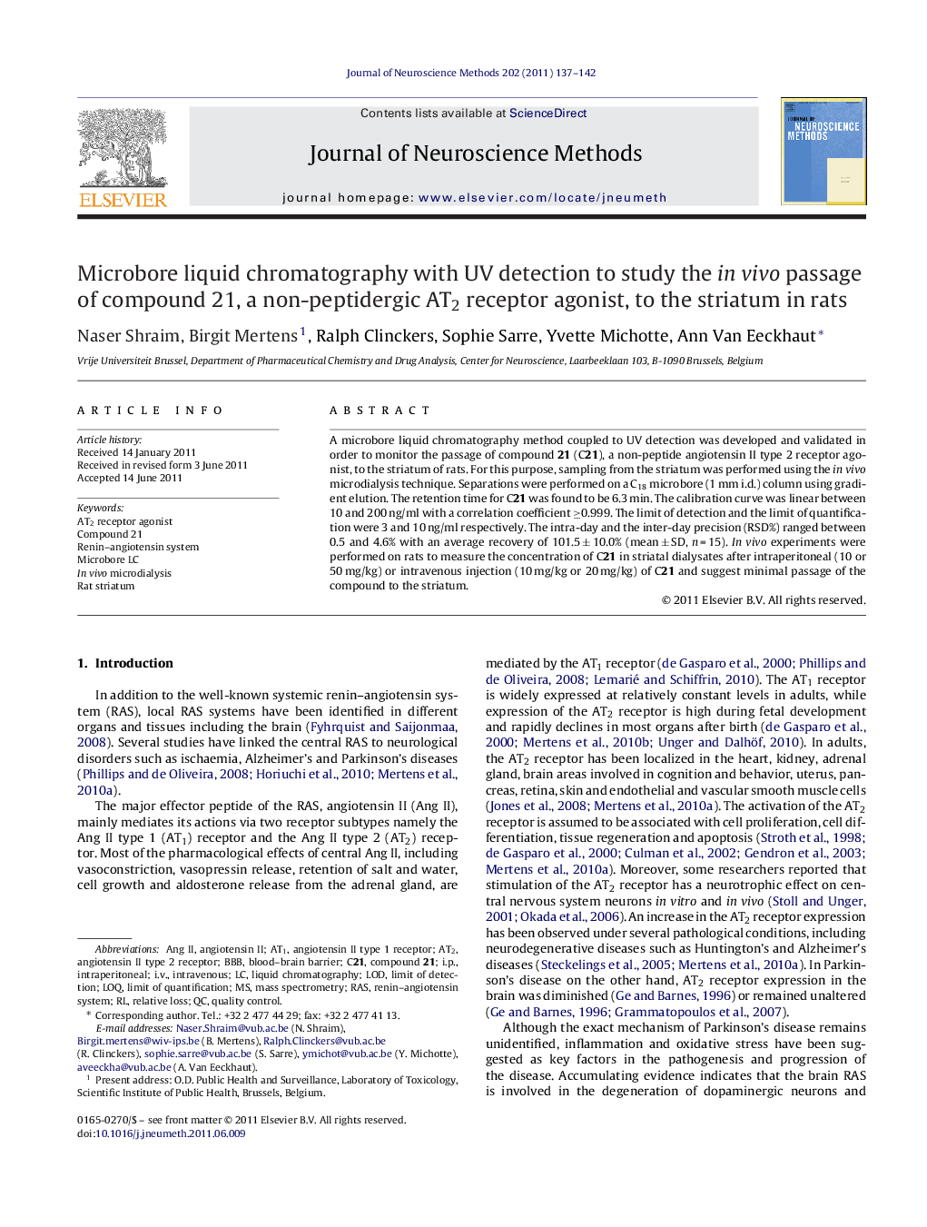 Microbore liquid chromatography with UV detection to study the in vivo passage of compound 21, a non-peptidergic AT2 receptor agonist, to the striatum in rats