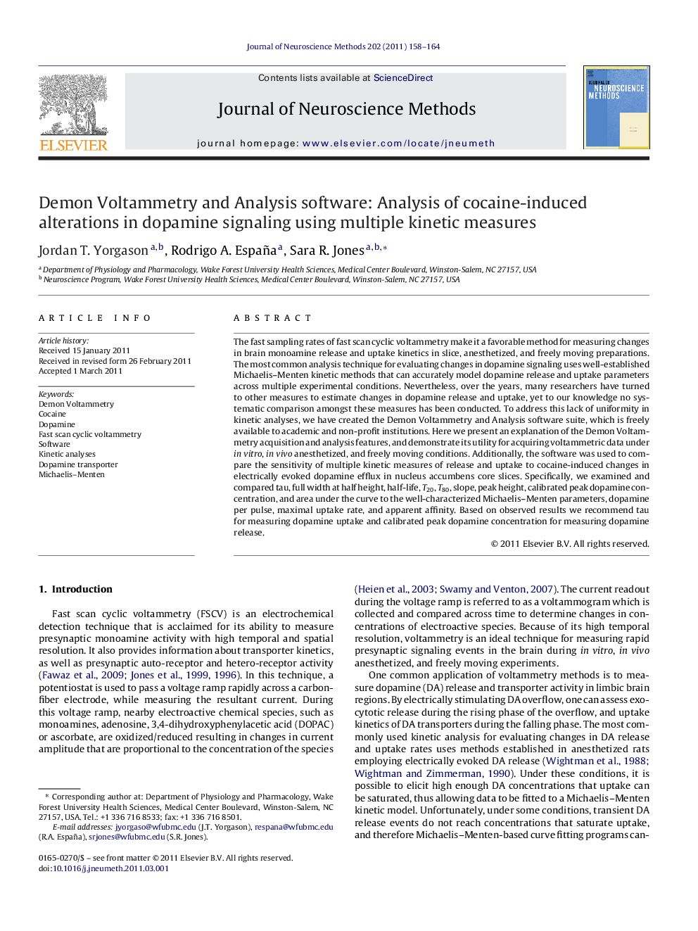 Demon Voltammetry and Analysis software: Analysis of cocaine-induced alterations in dopamine signaling using multiple kinetic measures