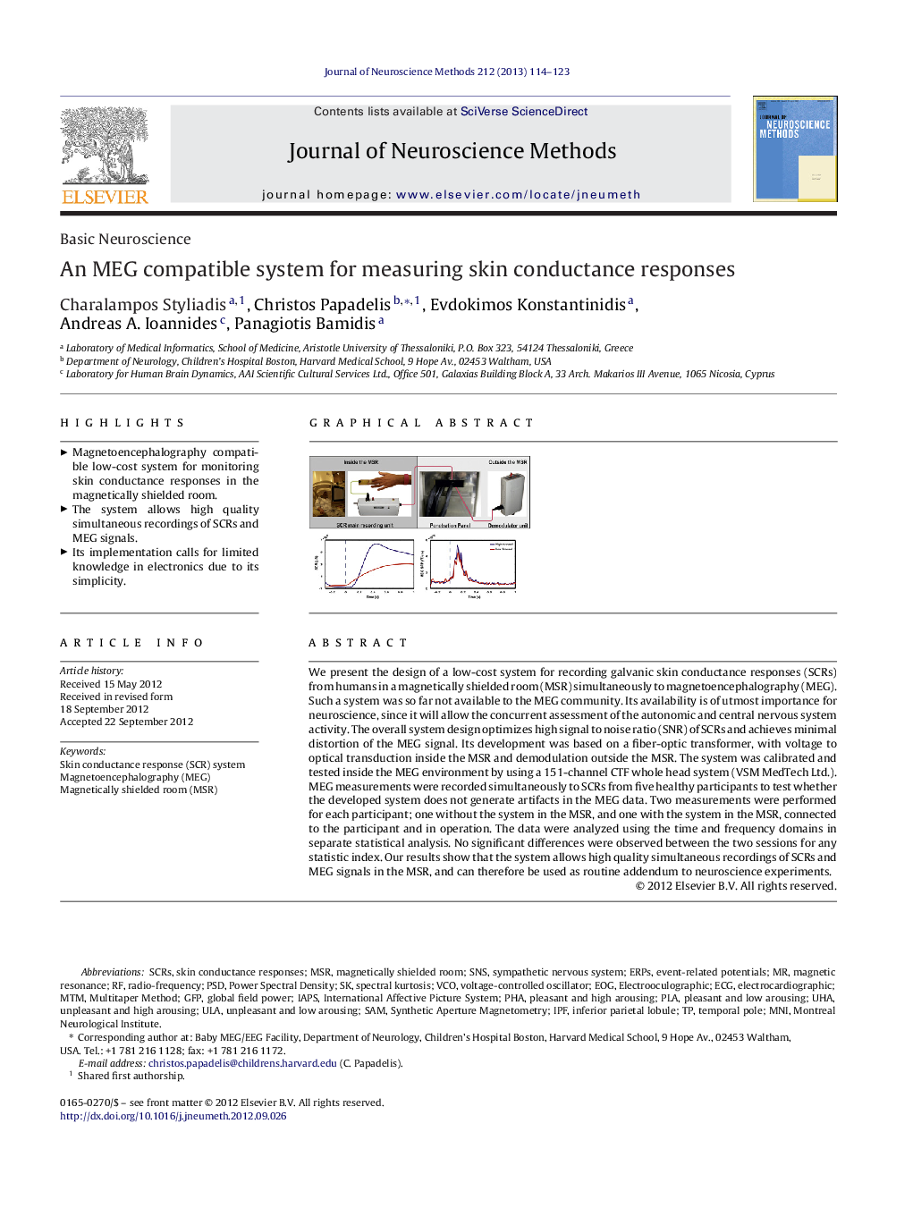 An MEG compatible system for measuring skin conductance responses