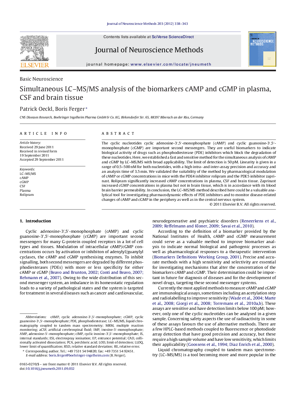 Simultaneous LC–MS/MS analysis of the biomarkers cAMP and cGMP in plasma, CSF and brain tissue