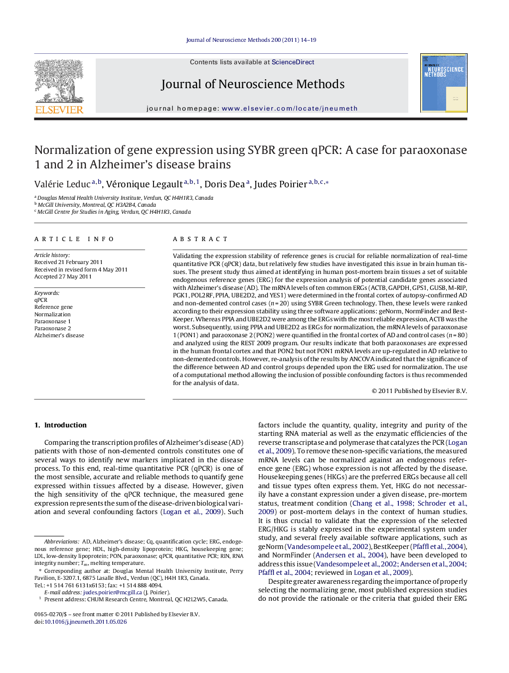 Normalization of gene expression using SYBR green qPCR: A case for paraoxonase 1 and 2 in Alzheimer's disease brains