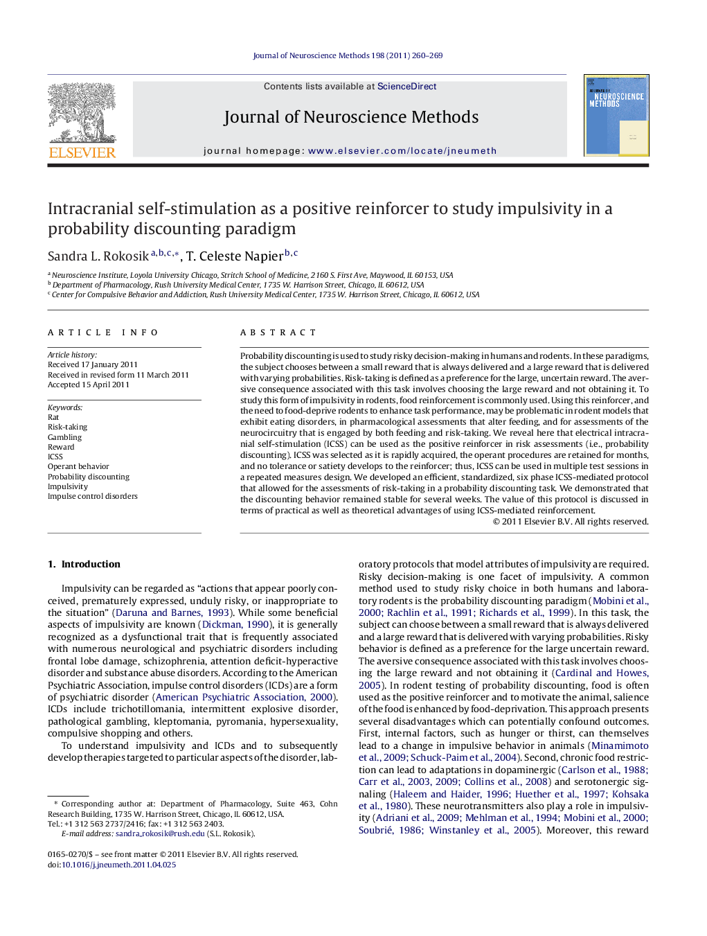 Intracranial self-stimulation as a positive reinforcer to study impulsivity in a probability discounting paradigm