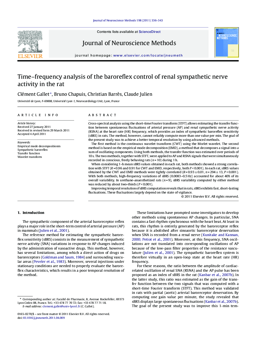 Time-frequency analysis of the baroreflex control of renal sympathetic nerve activity in the rat