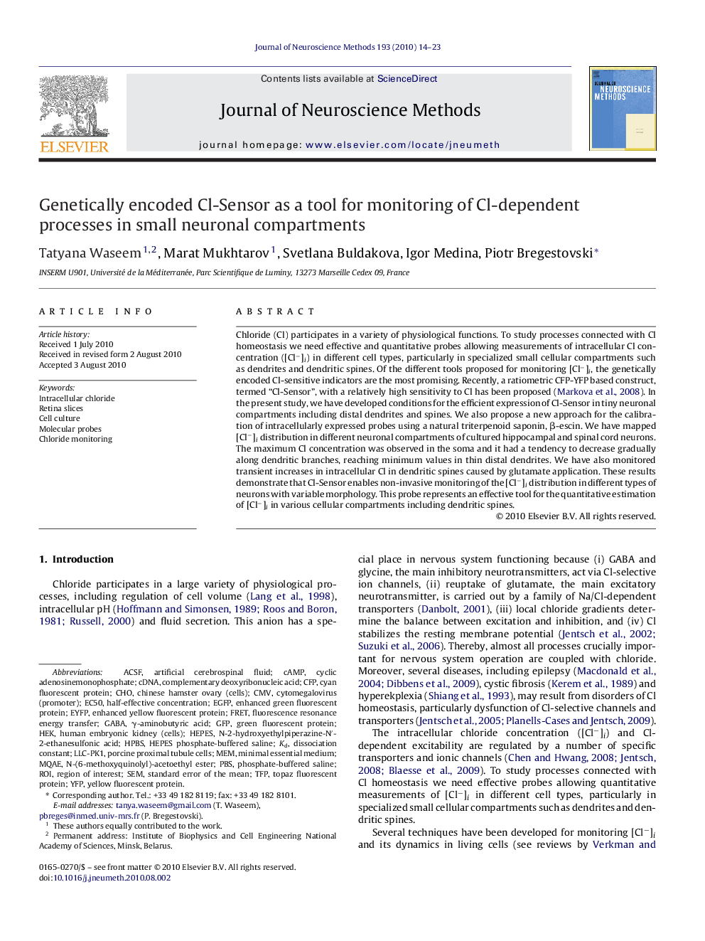 Genetically encoded Cl-Sensor as a tool for monitoring of Cl-dependent processes in small neuronal compartments