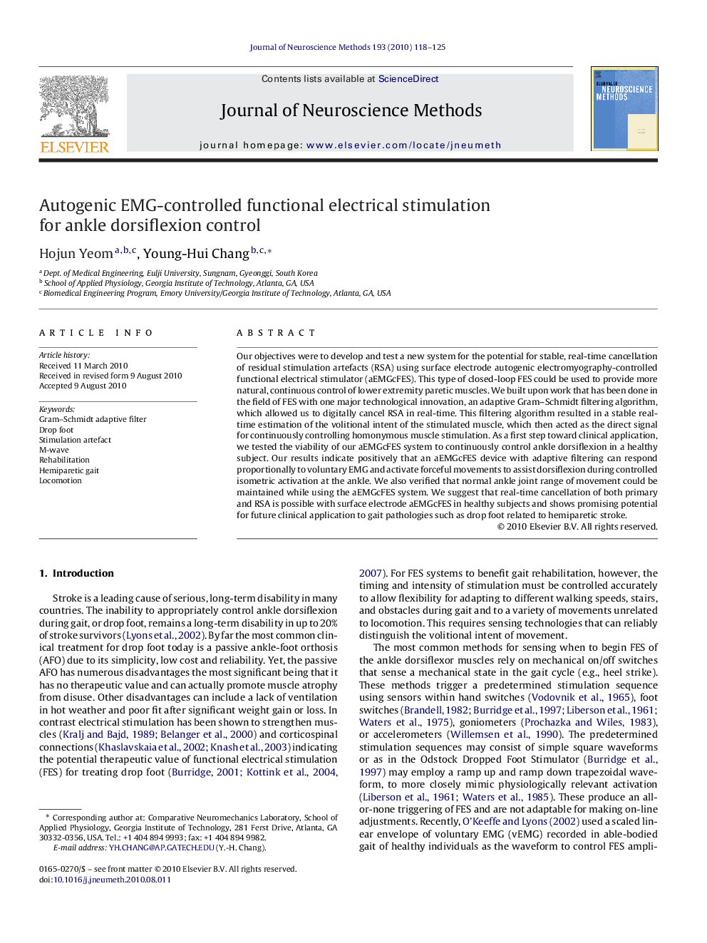 Autogenic EMG-controlled functional electrical stimulation for ankle dorsiflexion control