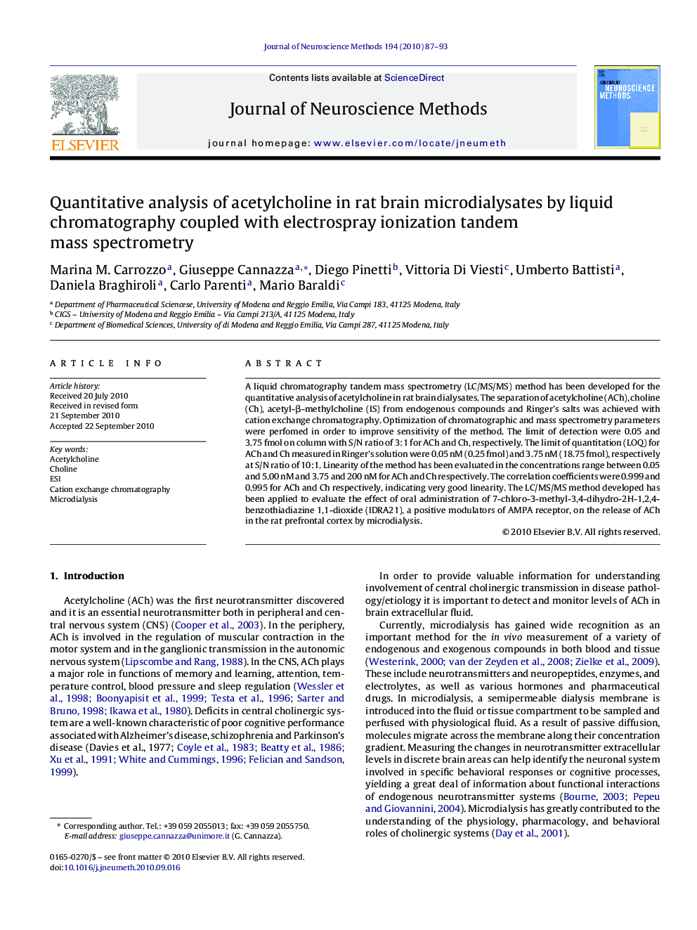 Quantitative analysis of acetylcholine in rat brain microdialysates by liquid chromatography coupled with electrospray ionization tandem mass spectrometry
