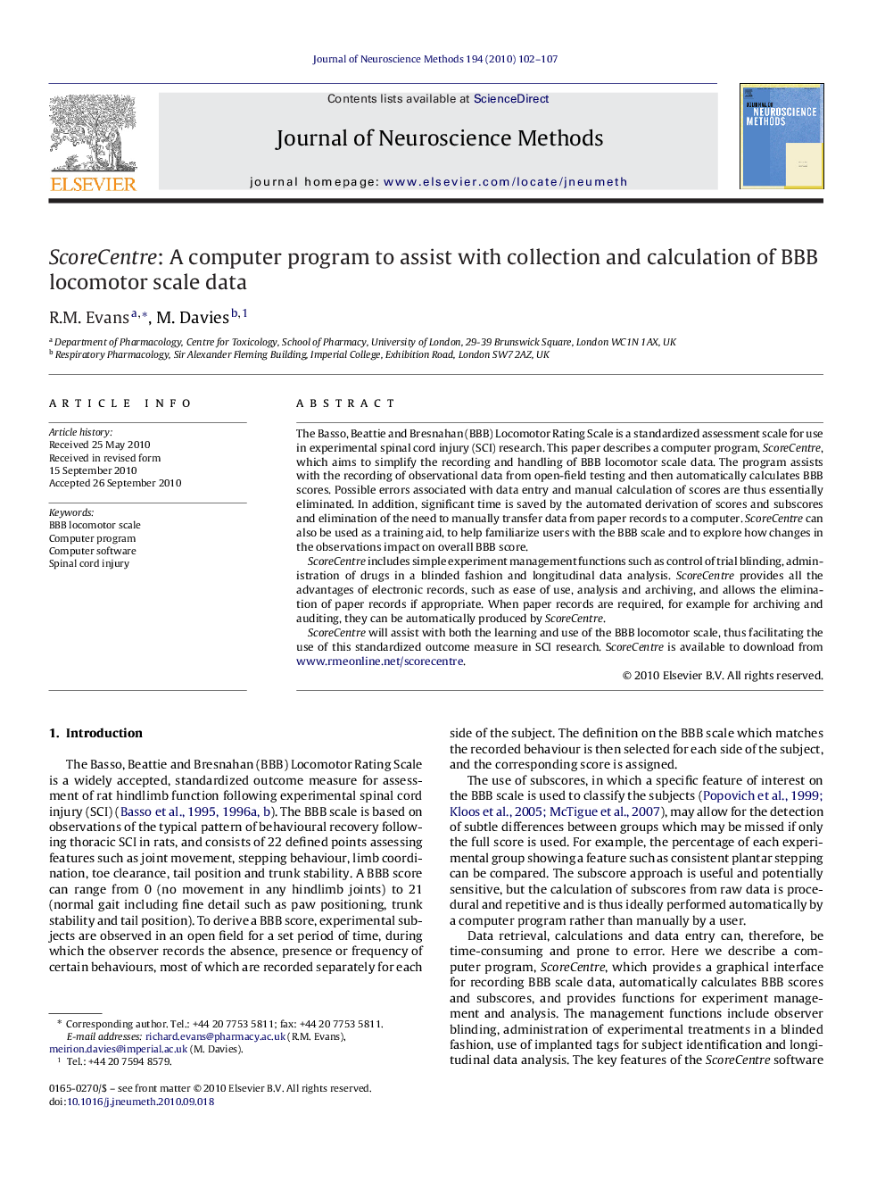 ScoreCentre: A computer program to assist with collection and calculation of BBB locomotor scale data