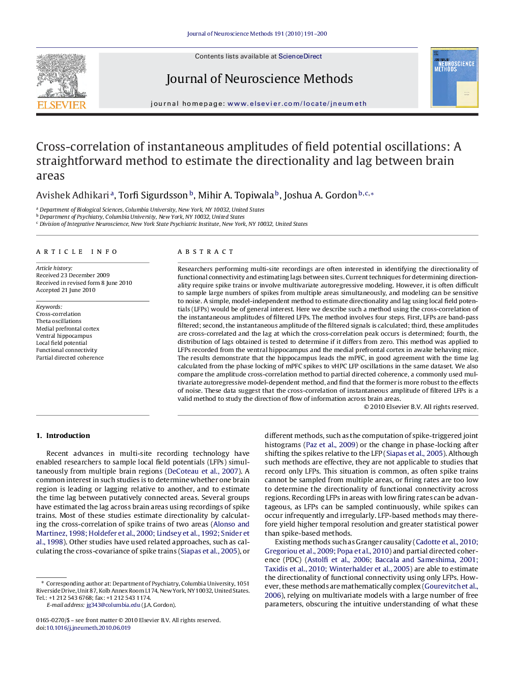 Cross-correlation of instantaneous amplitudes of field potential oscillations: A straightforward method to estimate the directionality and lag between brain areas