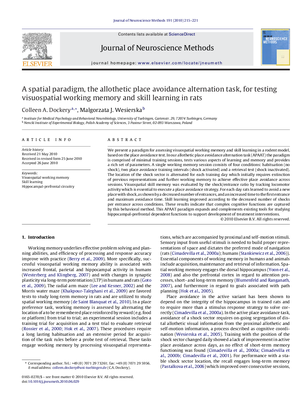 A spatial paradigm, the allothetic place avoidance alternation task, for testing visuospatial working memory and skill learning in rats