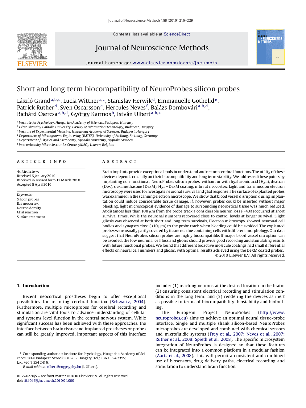 Short and long term biocompatibility of NeuroProbes silicon probes