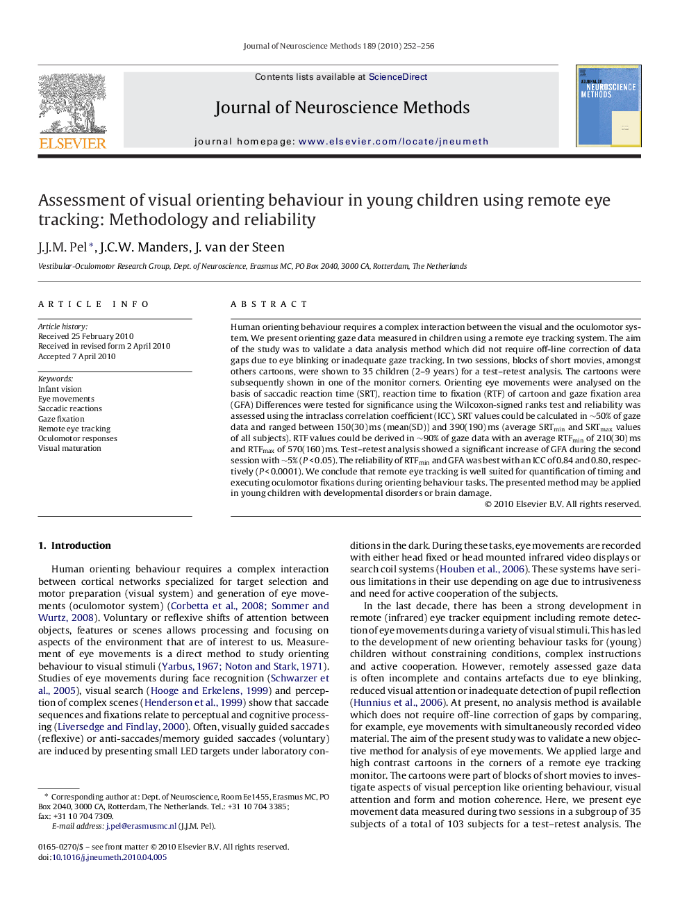 Assessment of visual orienting behaviour in young children using remote eye tracking: Methodology and reliability