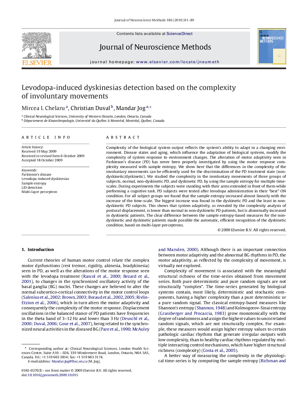 Levodopa-induced dyskinesias detection based on the complexity of involuntary movements